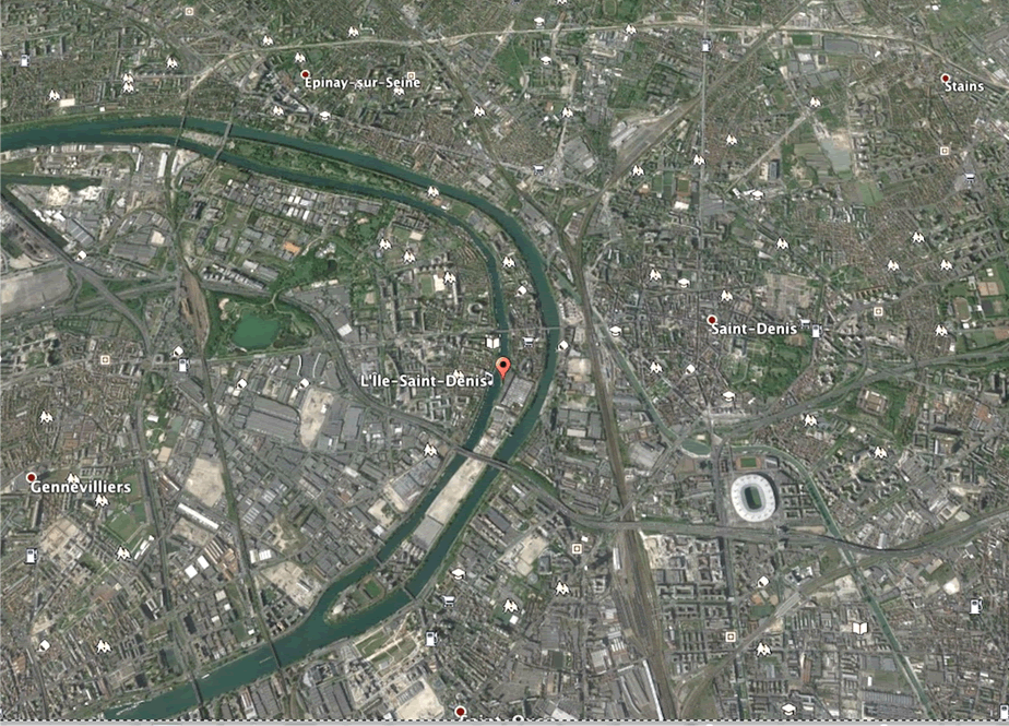 Saint-Denis e Ile-Saint-Denis en un meandro de la Seine, banlieue NE de París. Google Earth 